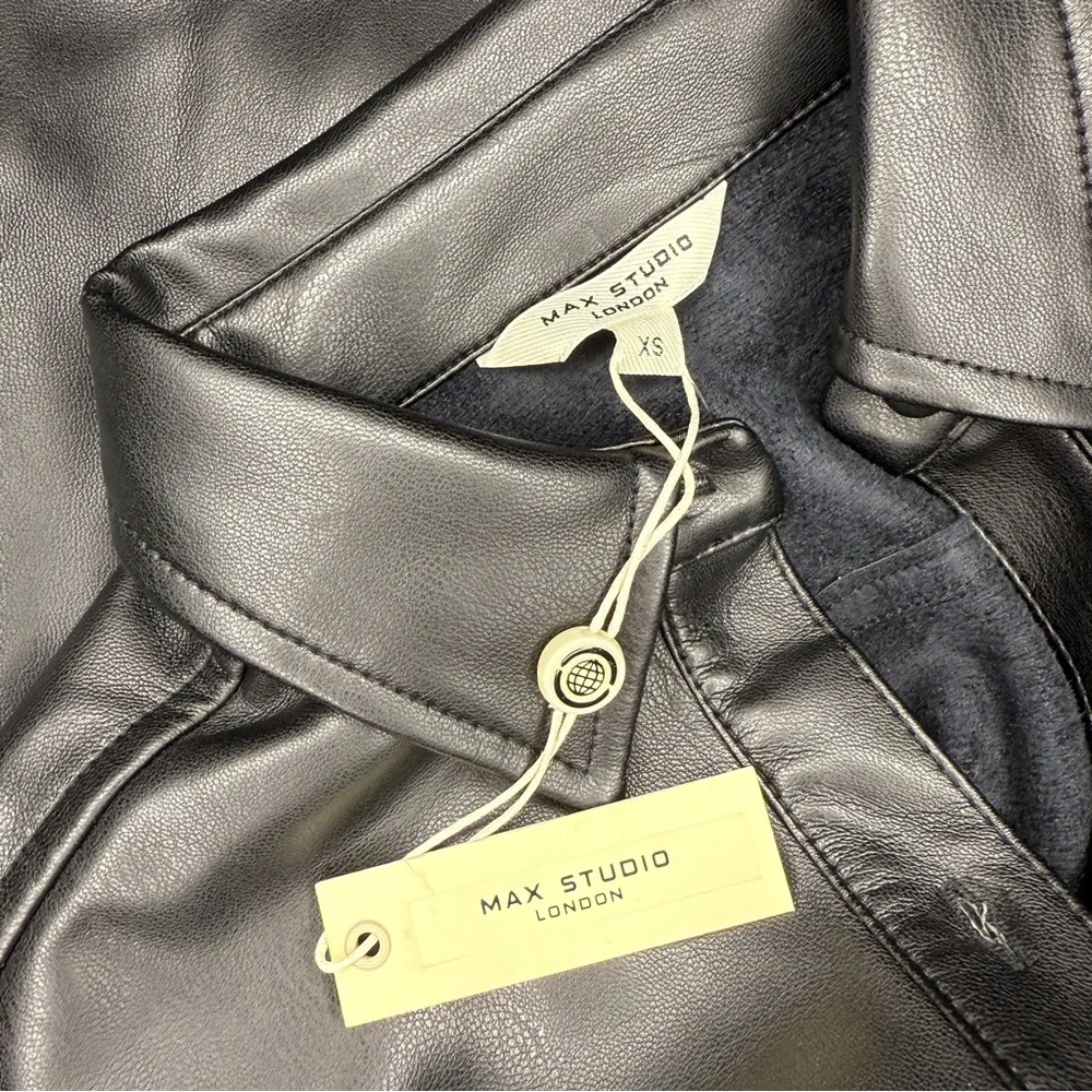 Max Studio Black Faux Leather‎ Short Sleeve Shirtdress With Pockets